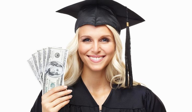 A woman in a graduation cap and gown proudly holds cash, symbolizing triumph over student loan challenges.